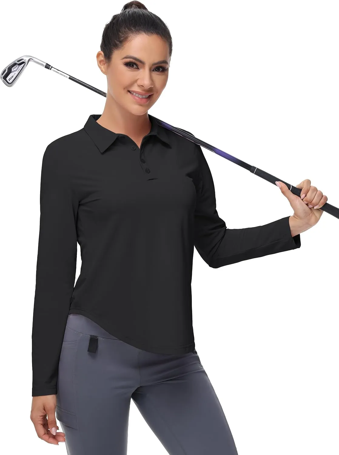 Women's Long Sleeve Golf Shirt Collared Polo Sun Protection Quick Dry Workout Athletic Running Tennis Hiking Lightweight Tops