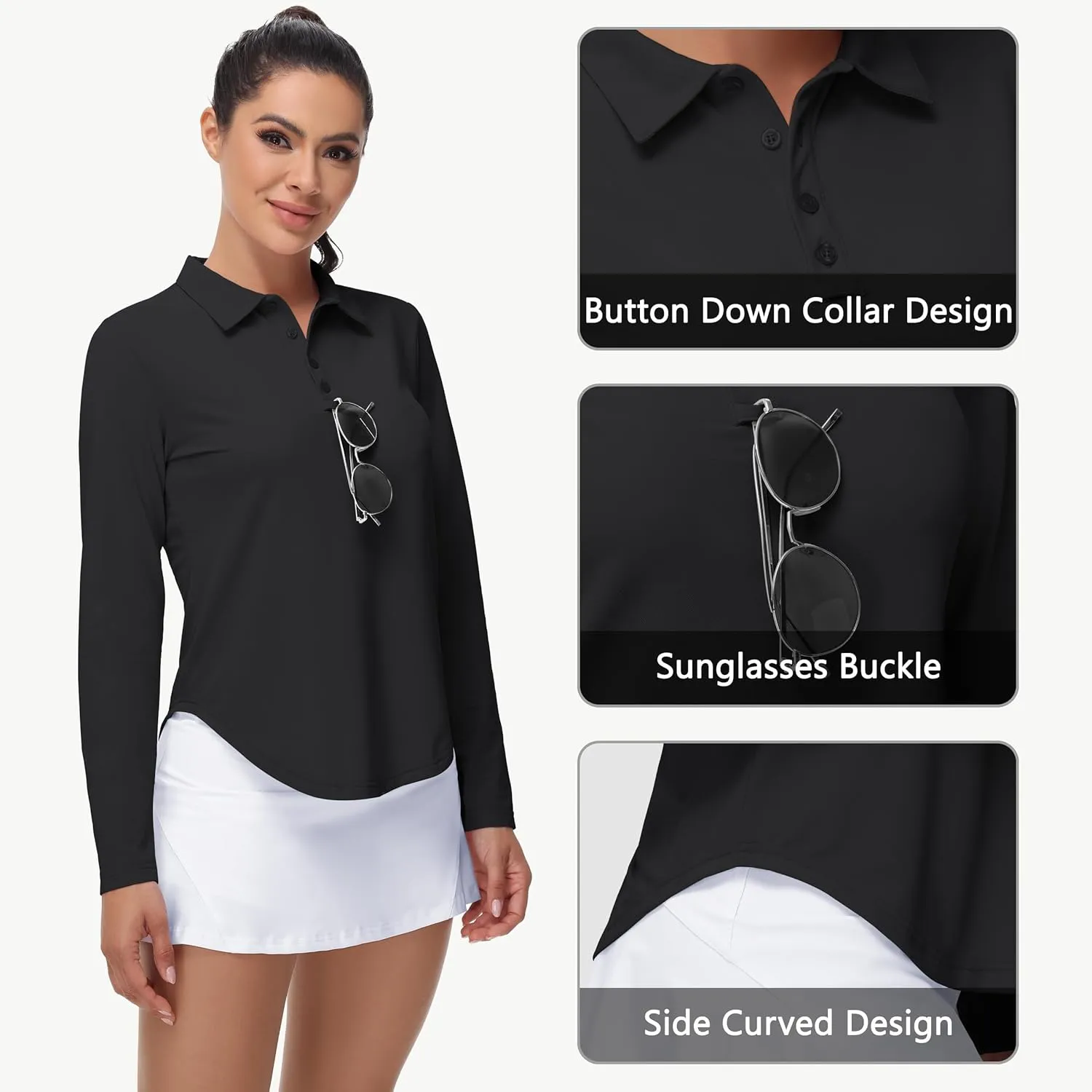 Women's Long Sleeve Golf Shirt Collared Polo Sun Protection Quick Dry Workout Athletic Running Tennis Hiking Lightweight Tops