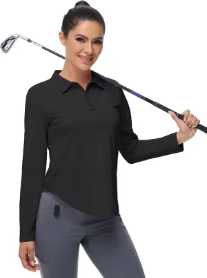 Women's Long Sleeve Golf Shirt Collared Polo Sun Protection Quick Dry Workout Athletic Running Tennis Hiking Lightweight Tops