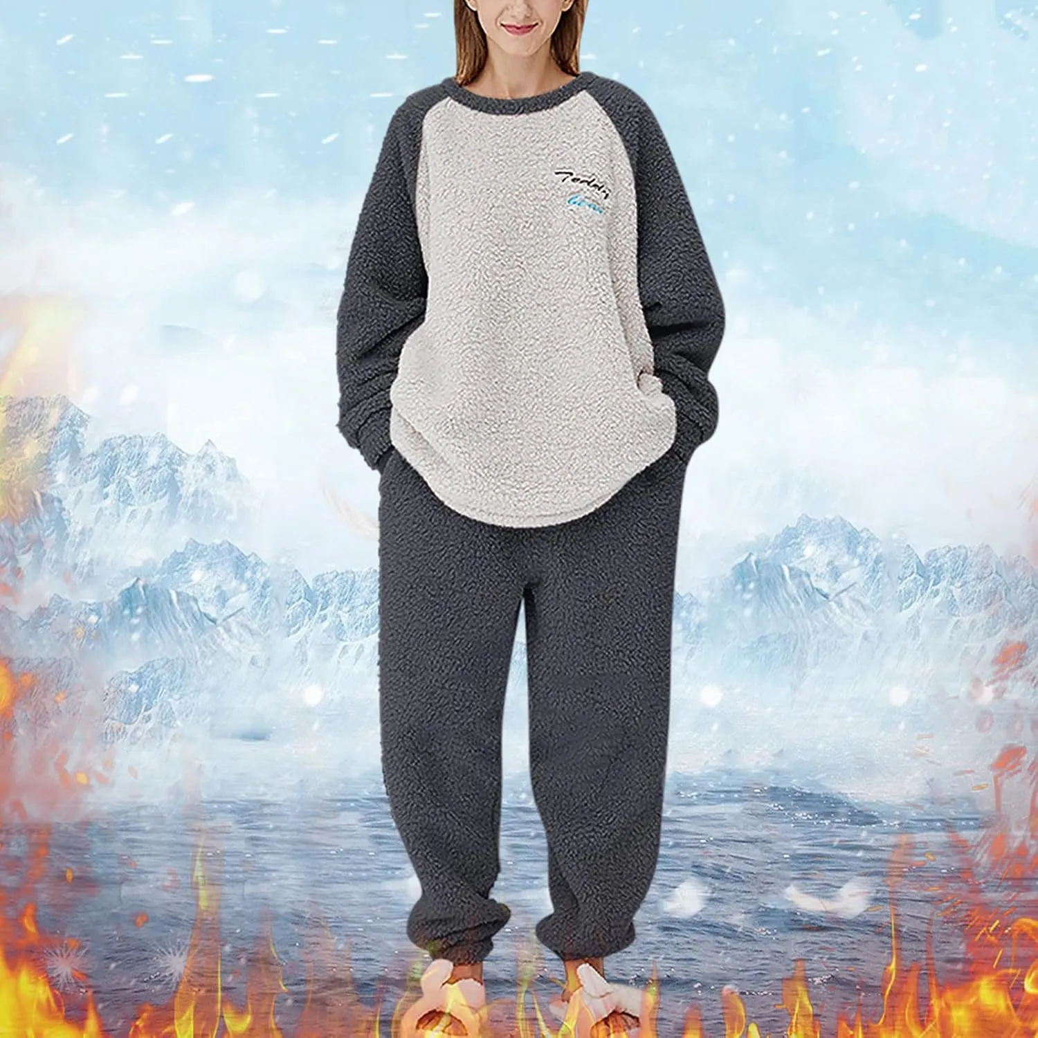 Womens Long Sleeve Velvet Pajama Sets Winter Warm Tops and Pants with Pocket Pjs Lounge Set Soft Loungewear Sleepwear