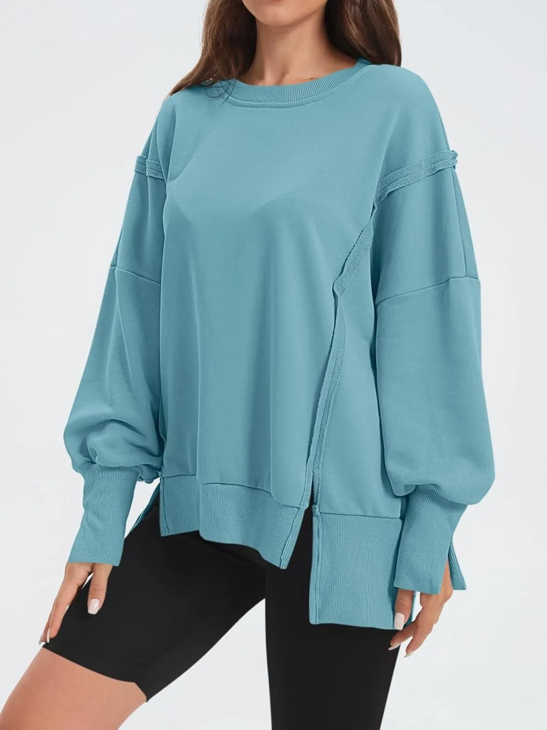 Women's Oversized Sweatshirt Crewneck Long Sleeve Side Slit Casual Loose Slouchy Pullover Top