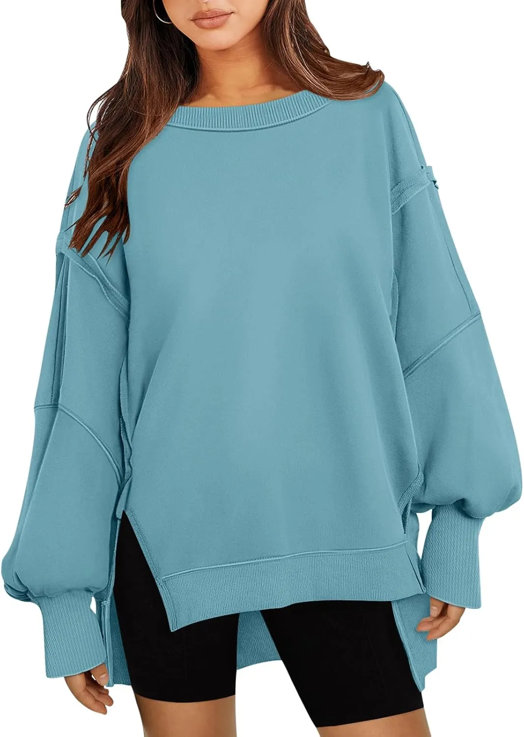 Women's Oversized Sweatshirt Crewneck Long Sleeve Side Slit Casual Loose Slouchy Pullover Top