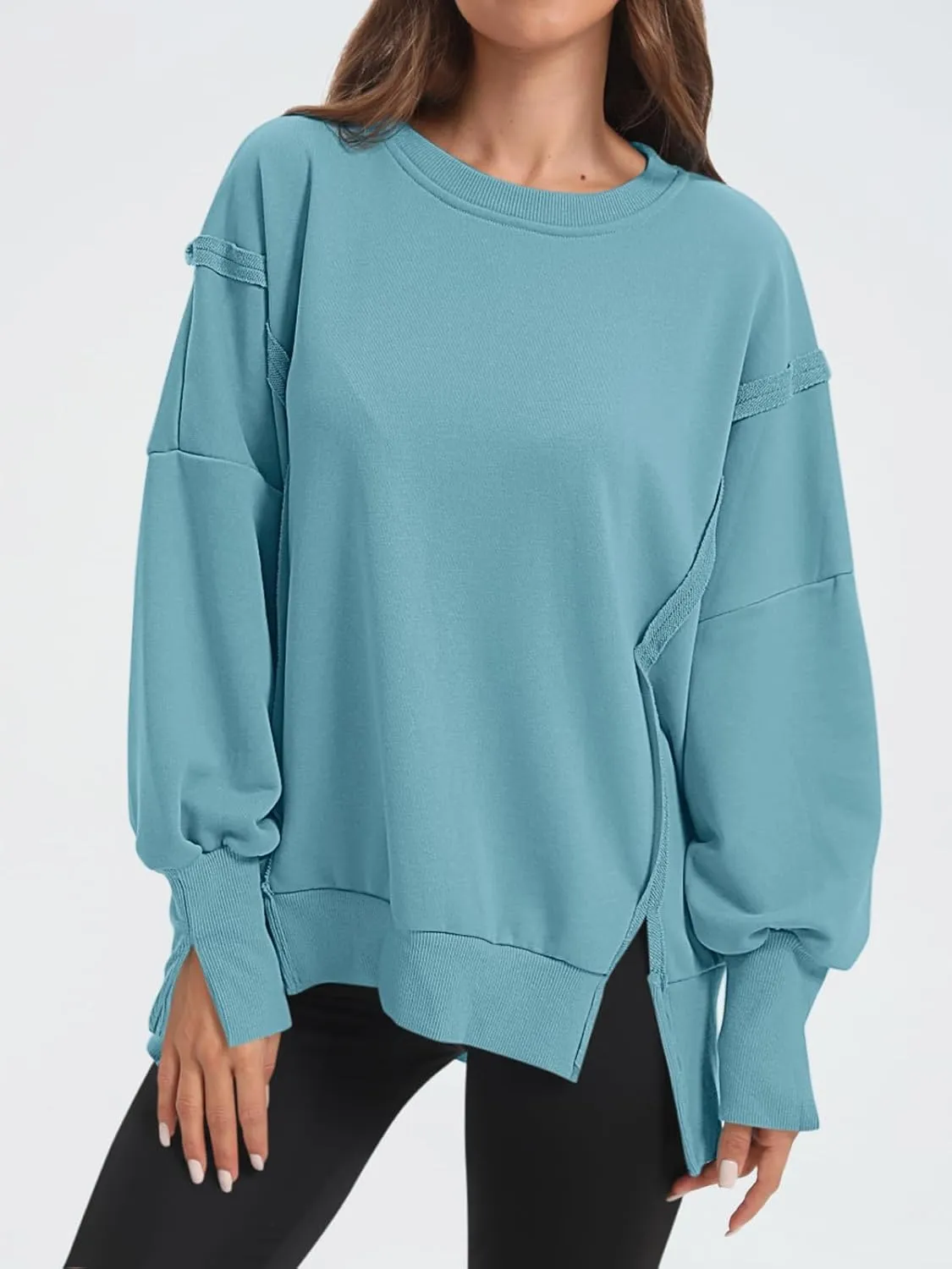 Women's Oversized Sweatshirt Crewneck Long Sleeve Side Slit Casual Loose Slouchy Pullover Top