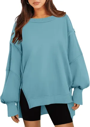Women's Oversized Sweatshirt Crewneck Long Sleeve Side Slit Casual Loose Slouchy Pullover Top
