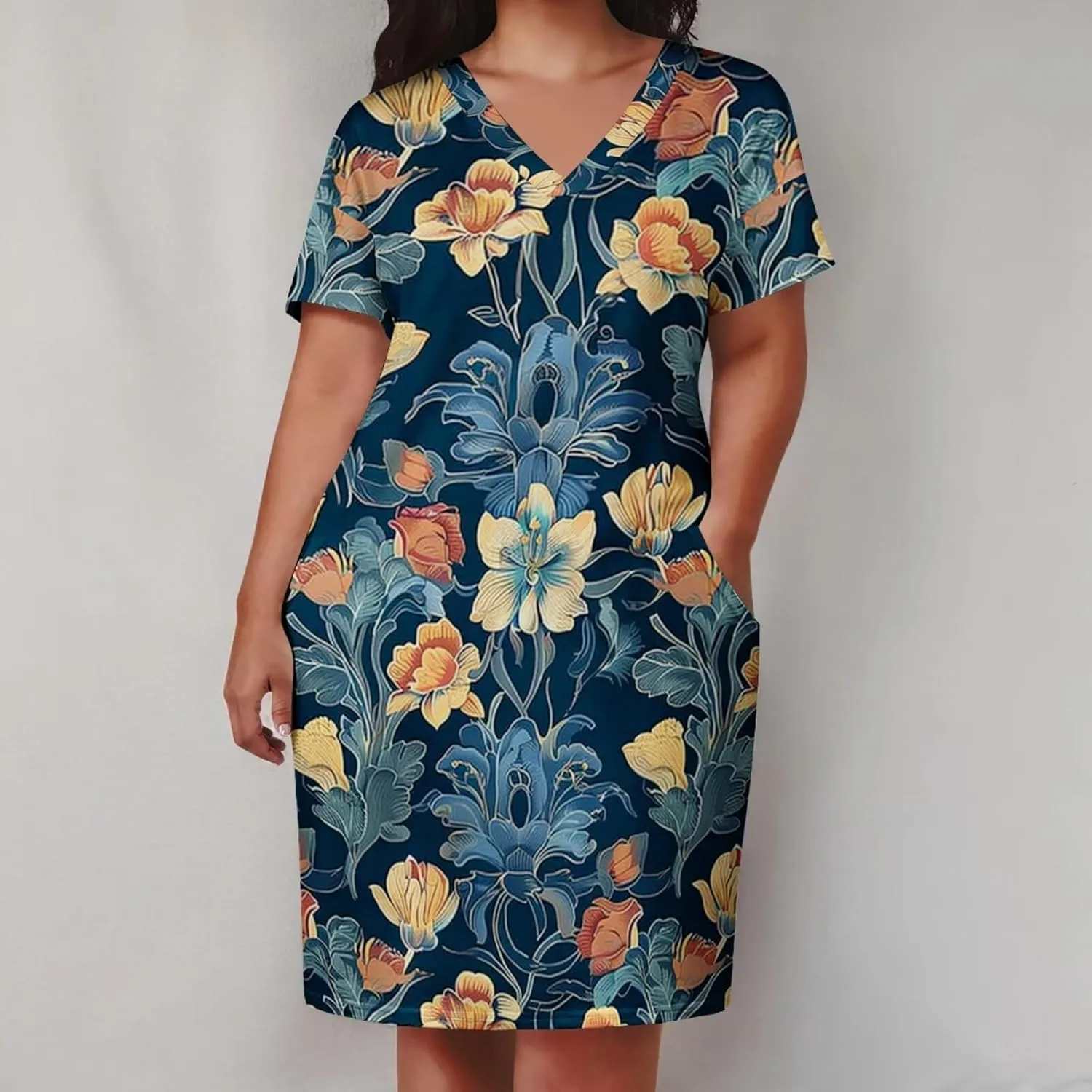 Women's Plus Size Summer Dresses Casual Floral Short Sleeve V Neck with Pockets Loose A Line Midi Dress