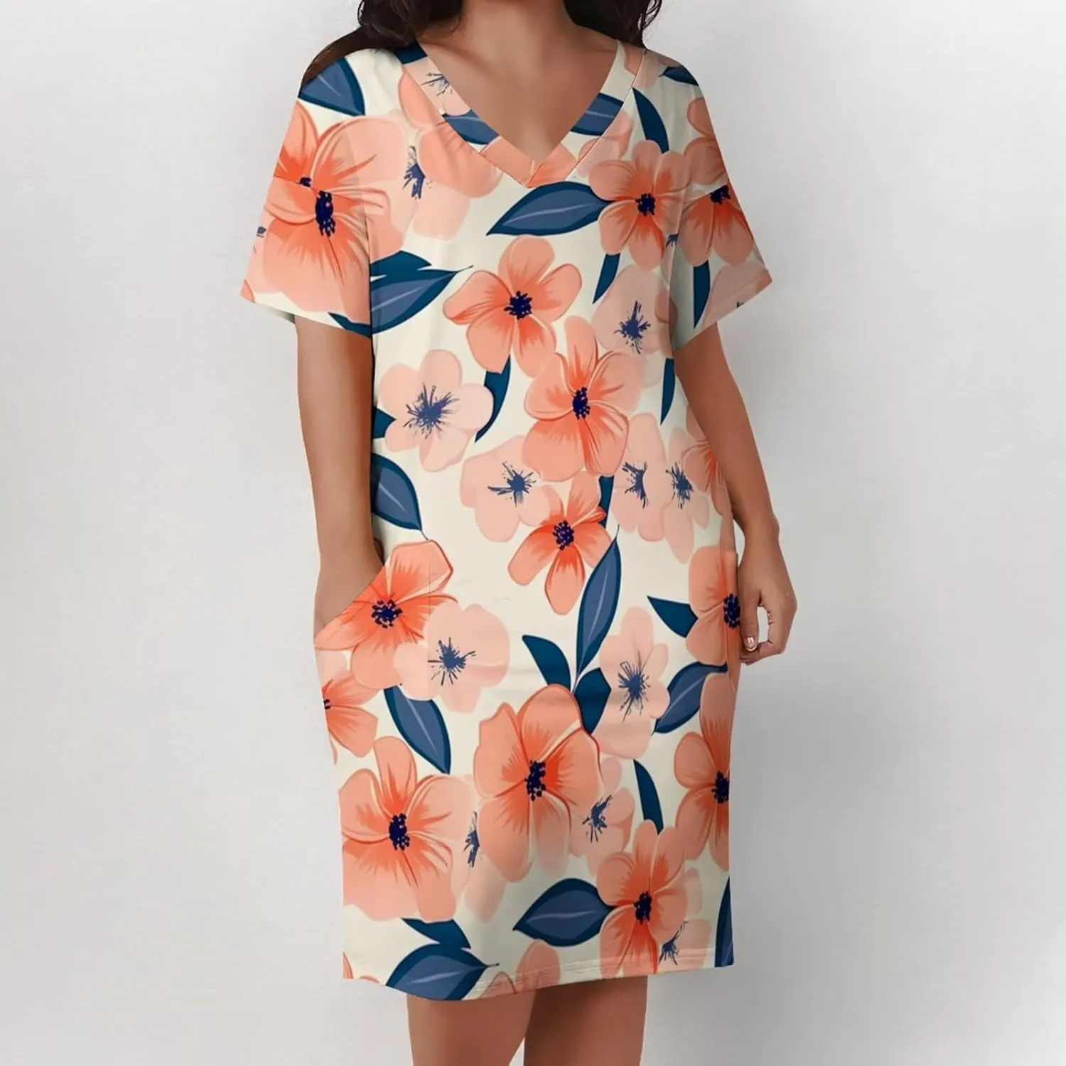Women's Plus Size Summer Dresses Casual Floral Short Sleeve V Neck with Pockets Loose A Line Midi Dress