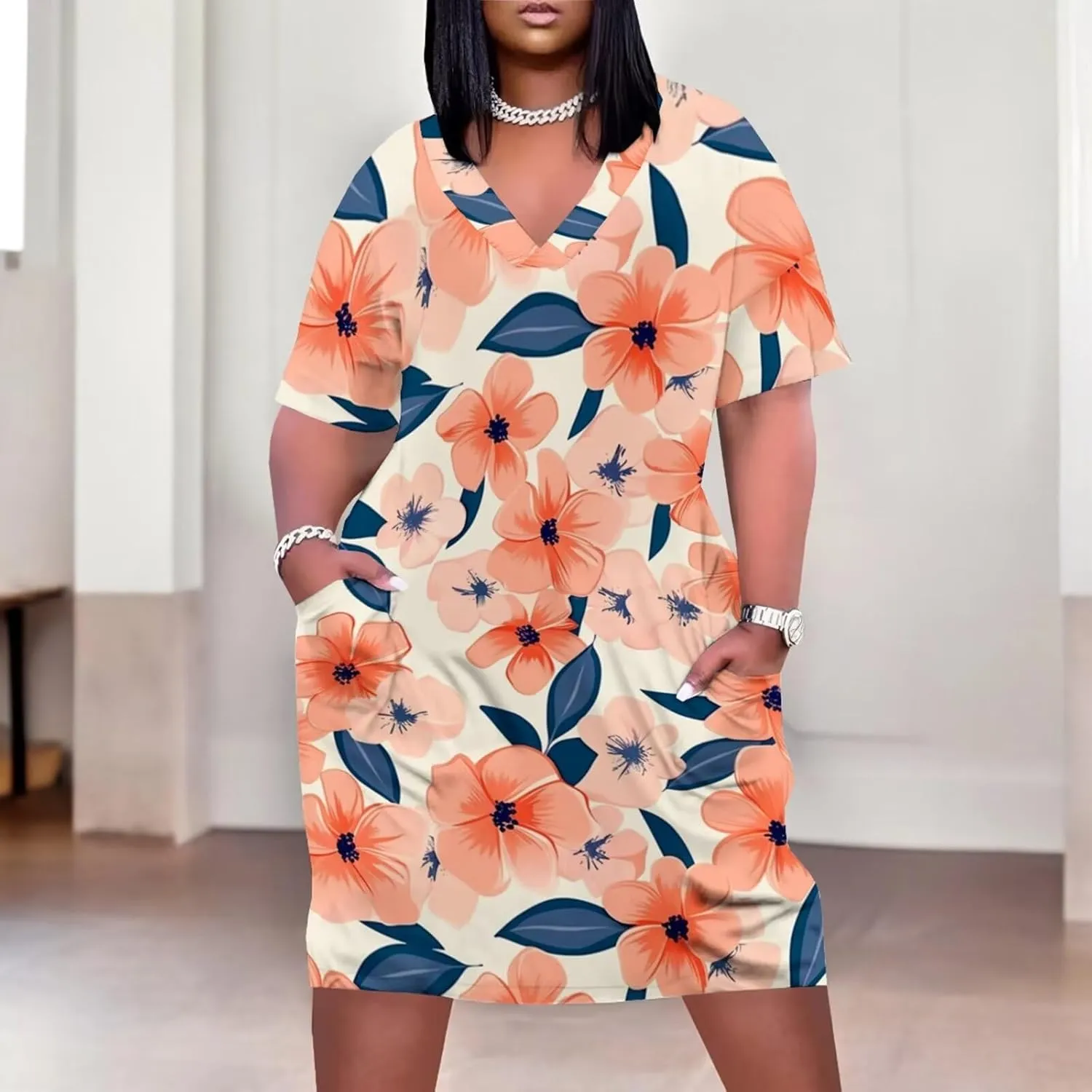 Women's Plus Size Summer Dresses Casual Floral Short Sleeve V Neck with Pockets Loose A Line Midi Dress