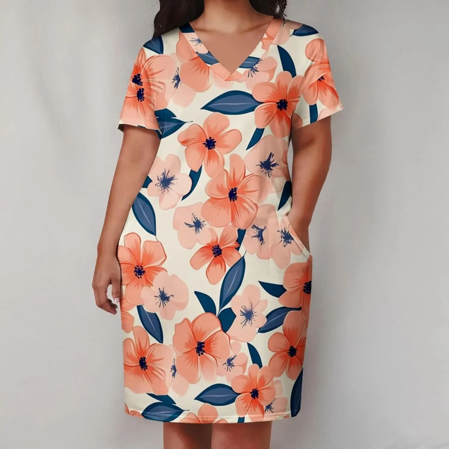 Women's Plus Size Summer Dresses Casual Floral Short Sleeve V Neck with Pockets Loose A Line Midi Dress