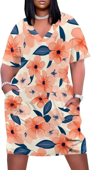 Women's Plus Size Summer Dresses Casual Floral Short Sleeve V Neck with Pockets Loose A Line Midi Dress