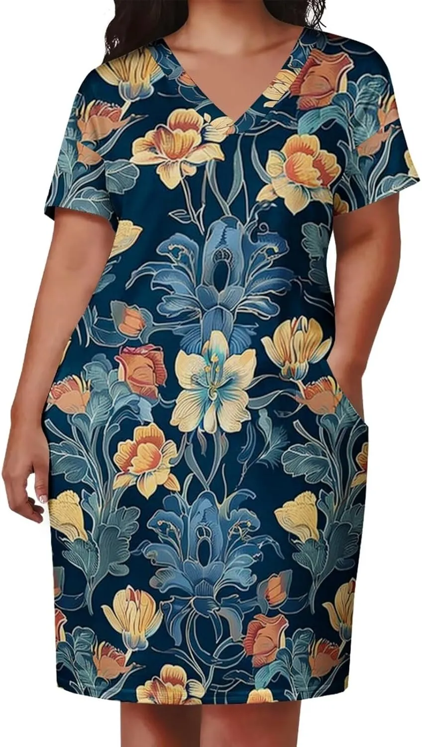 Women's Plus Size Summer Dresses Casual Floral Short Sleeve V Neck with Pockets Loose A Line Midi Dress
