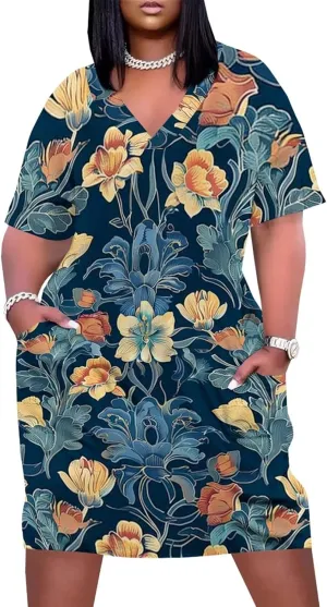 Women's Plus Size Summer Dresses Casual Floral Short Sleeve V Neck with Pockets Loose A Line Midi Dress