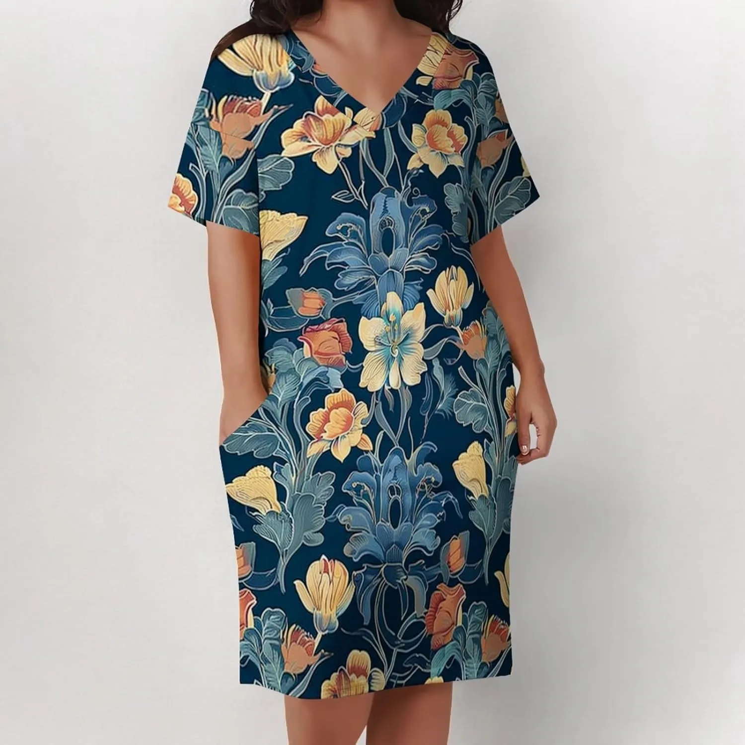 Women's Plus Size Summer Dresses Casual Floral Short Sleeve V Neck with Pockets Loose A Line Midi Dress