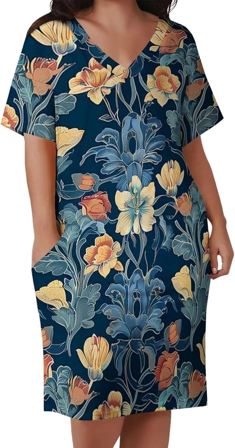 Women's Plus Size Summer Dresses Casual Floral Short Sleeve V Neck with Pockets Loose A Line Midi Dress