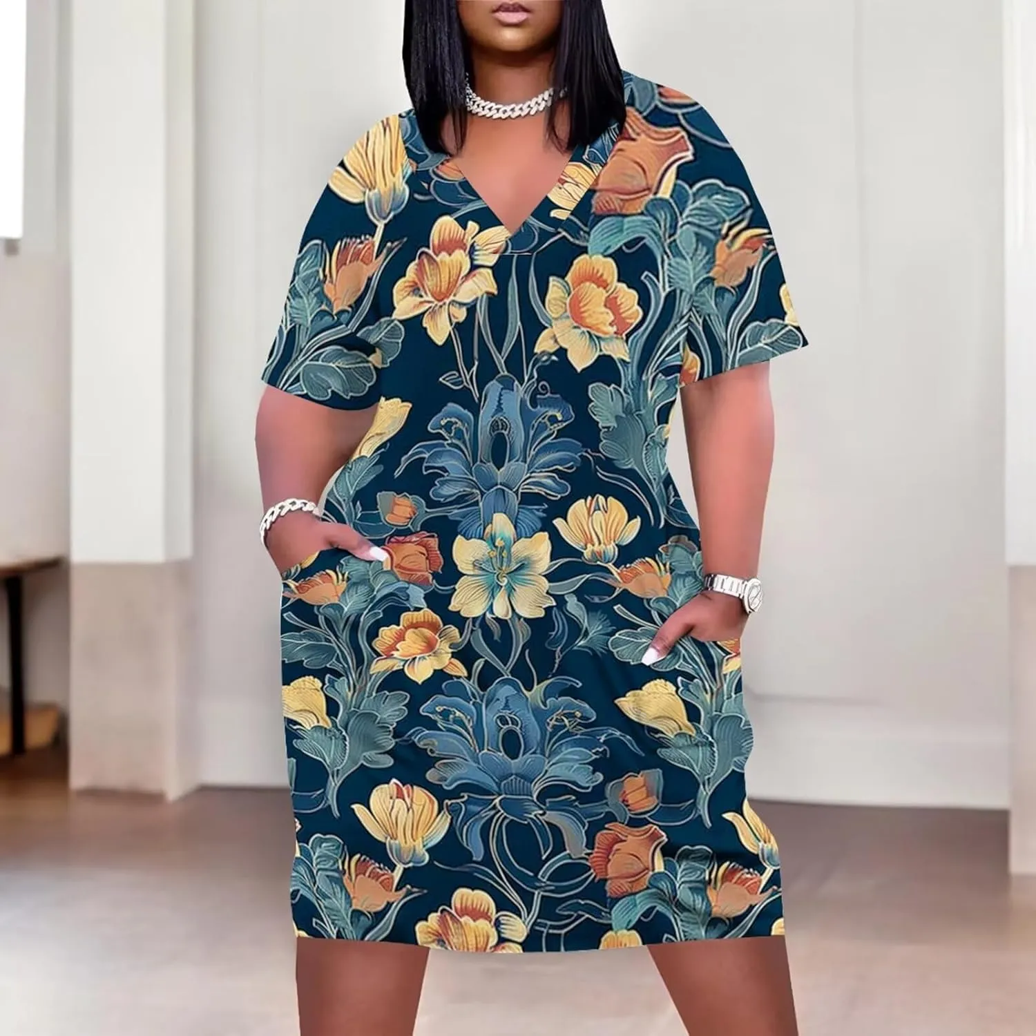 Women's Plus Size Summer Dresses Casual Floral Short Sleeve V Neck with Pockets Loose A Line Midi Dress