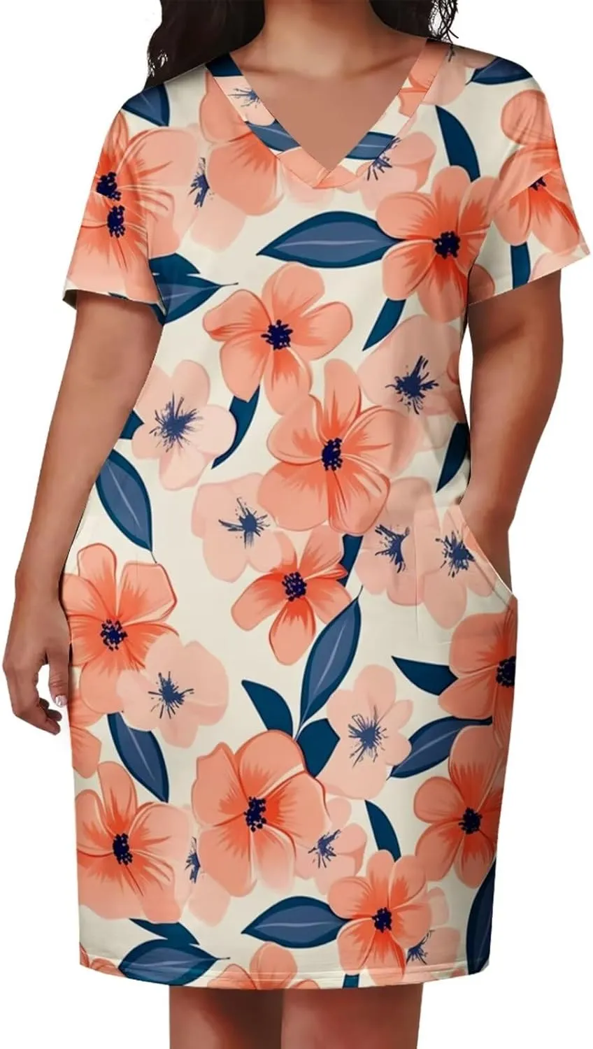 Women's Plus Size Summer Dresses Casual Floral Short Sleeve V Neck with Pockets Loose A Line Midi Dress