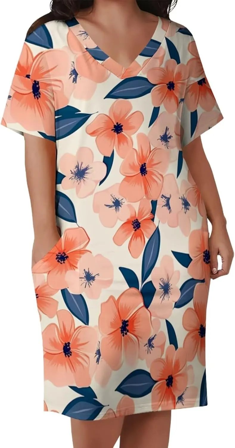 Women's Plus Size Summer Dresses Casual Floral Short Sleeve V Neck with Pockets Loose A Line Midi Dress