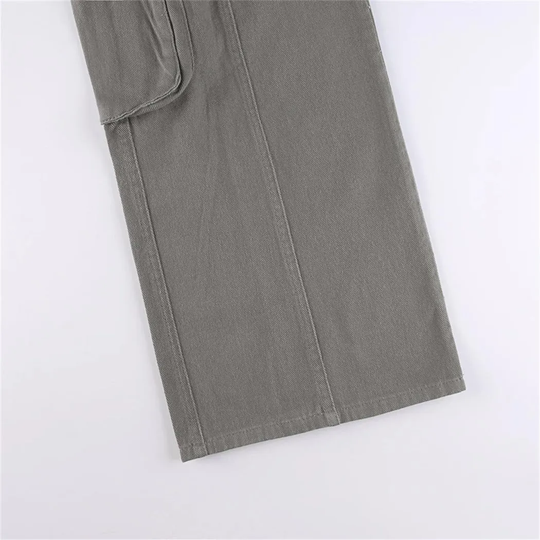 Women's Pockets Jeans Loose Mid-Waisted Cargo Pants Casual Wide Leg Trousers Pants