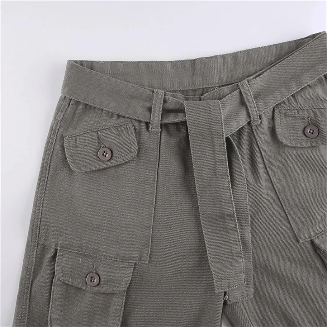 Women's Pockets Jeans Loose Mid-Waisted Cargo Pants Casual Wide Leg Trousers Pants