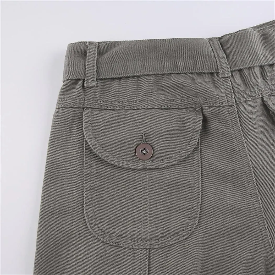 Women's Pockets Jeans Loose Mid-Waisted Cargo Pants Casual Wide Leg Trousers Pants