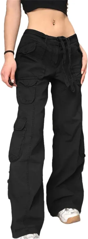 Women's Pockets Jeans Loose Mid-Waisted Cargo Pants Casual Wide Leg Trousers Pants