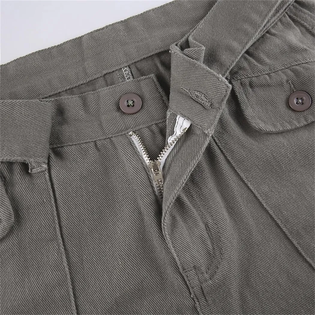 Women's Pockets Jeans Loose Mid-Waisted Cargo Pants Casual Wide Leg Trousers Pants
