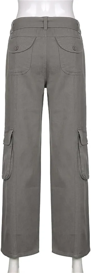Women's Pockets Jeans Loose Mid-Waisted Cargo Pants Casual Wide Leg Trousers Pants