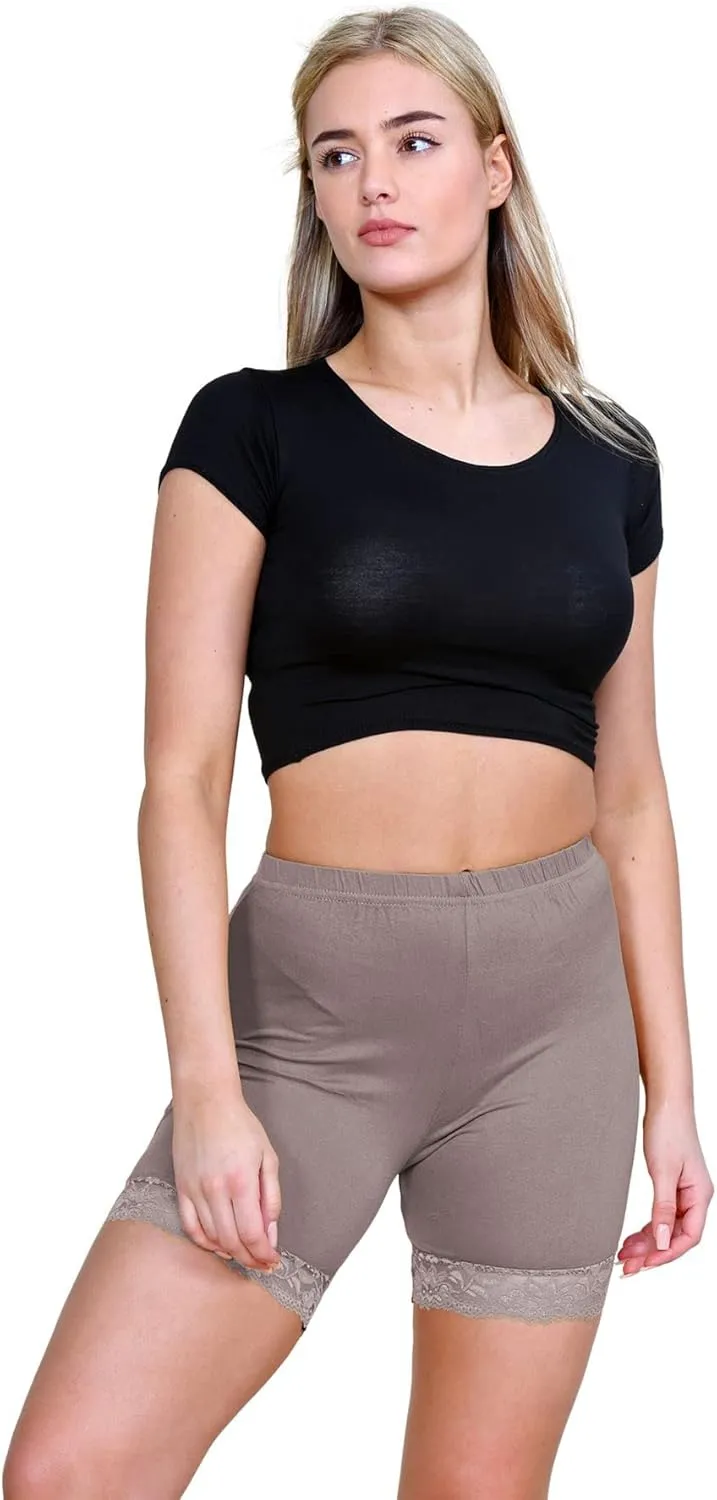 Womens Scallop Lace Trim Plain Gym Bike Tights Viscose Cycling Shorts Hot Pants