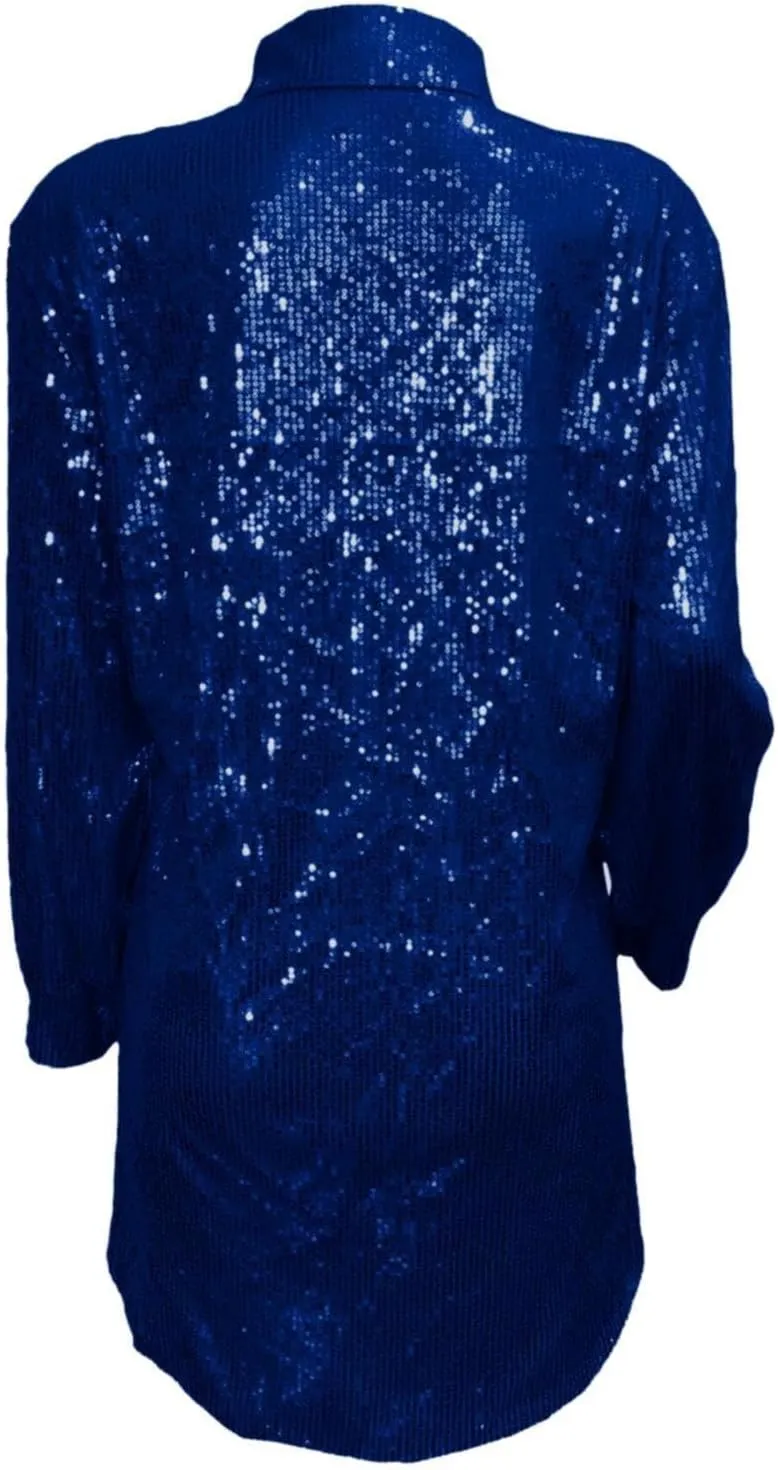 Womens Sequin Button Down Dress Shirt Long Sleeve Loose Fit Blouse Tops Mini Dress Casual Party Sexy Clubwear Dresses