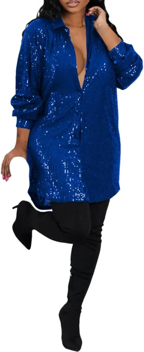 Womens Sequin Button Down Dress Shirt Long Sleeve Loose Fit Blouse Tops Mini Dress Casual Party Sexy Clubwear Dresses