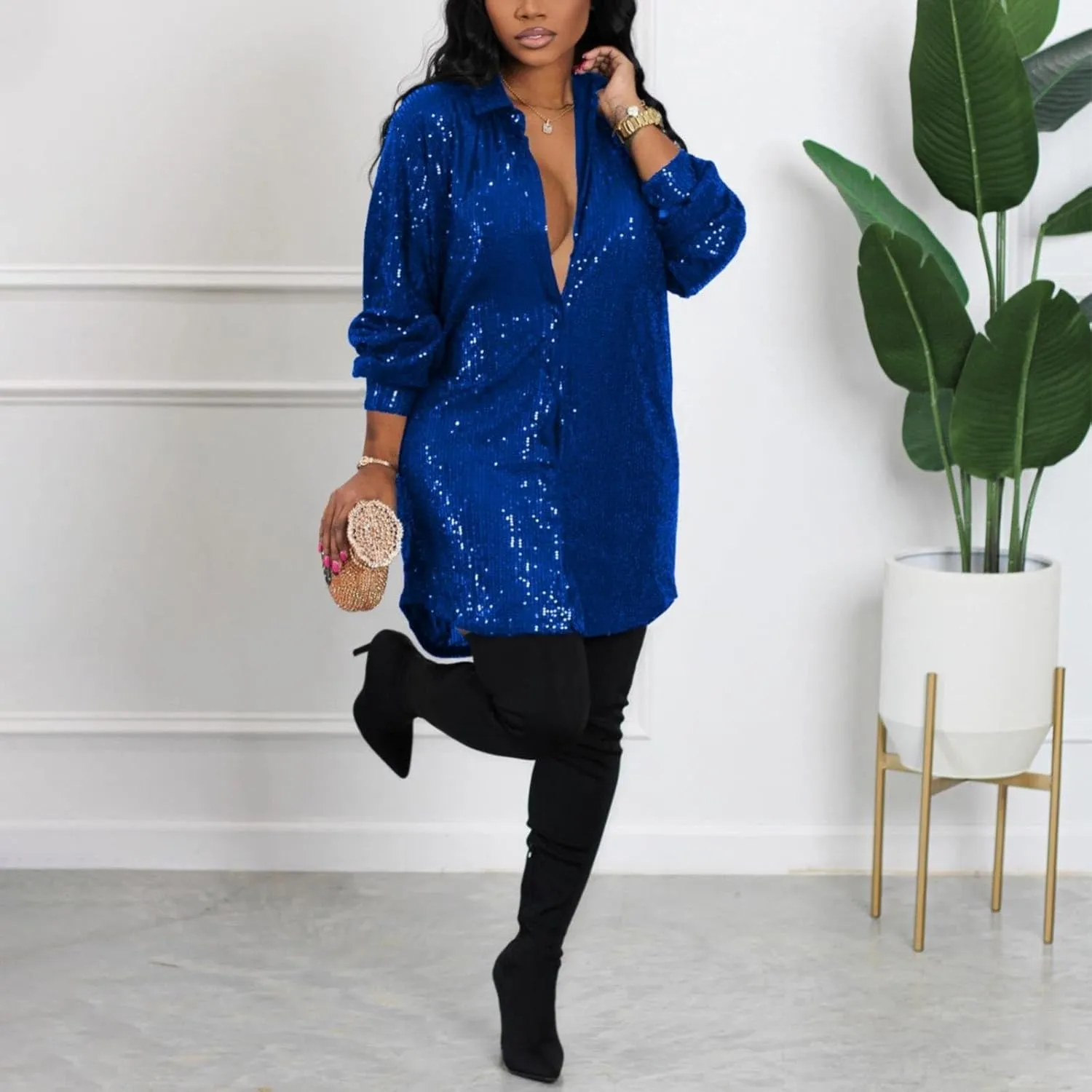 Womens Sequin Button Down Dress Shirt Long Sleeve Loose Fit Blouse Tops Mini Dress Casual Party Sexy Clubwear Dresses