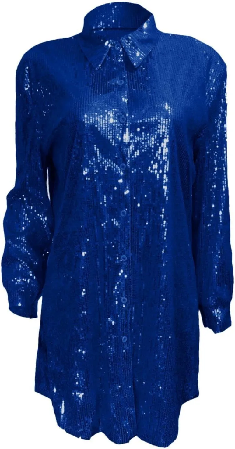 Womens Sequin Button Down Dress Shirt Long Sleeve Loose Fit Blouse Tops Mini Dress Casual Party Sexy Clubwear Dresses