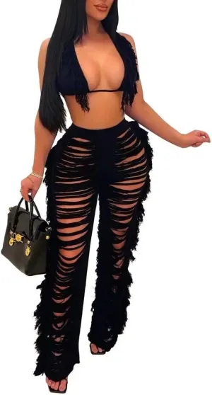 Womens Sexy 2 Piece Outfits Hollow Out Halter Bra top Tassel Long Pants Set Beachwear