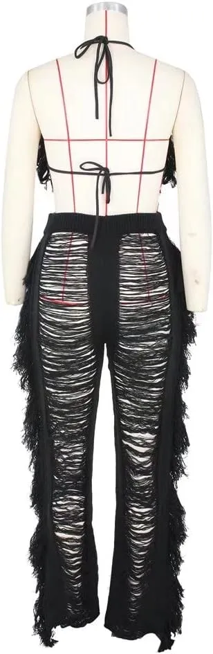Womens Sexy 2 Piece Outfits Hollow Out Halter Bra top Tassel Long Pants Set Beachwear