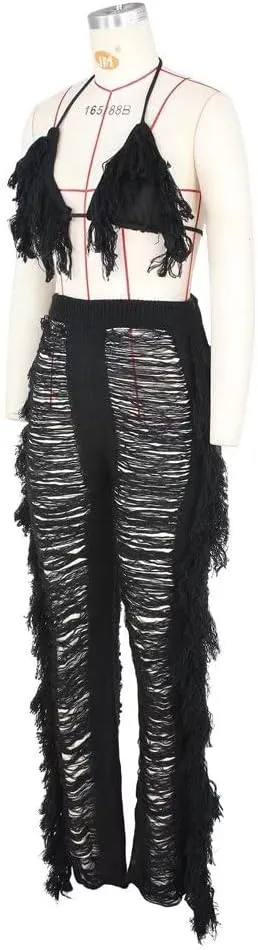 Womens Sexy 2 Piece Outfits Hollow Out Halter Bra top Tassel Long Pants Set Beachwear