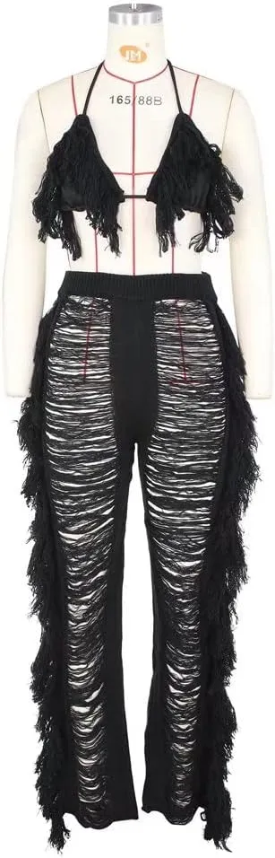 Womens Sexy 2 Piece Outfits Hollow Out Halter Bra top Tassel Long Pants Set Beachwear