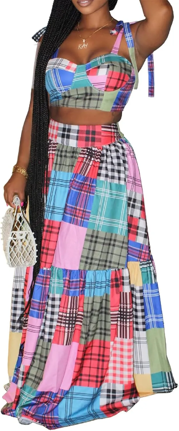 Womens Sexy 2 Pieces Plaid Printed Tied Bandage Tank Tops Bodycon Maxi Skirts Party Clubwear Dress Outfits Set