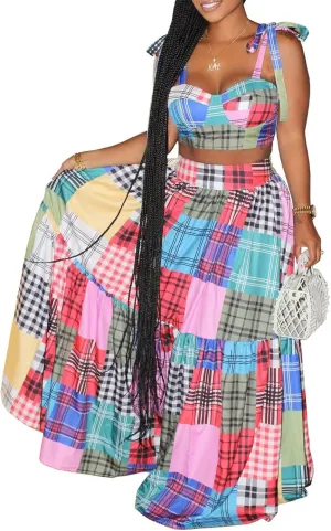Womens Sexy 2 Pieces Plaid Printed Tied Bandage Tank Tops Bodycon Maxi Skirts Party Clubwear Dress Outfits Set