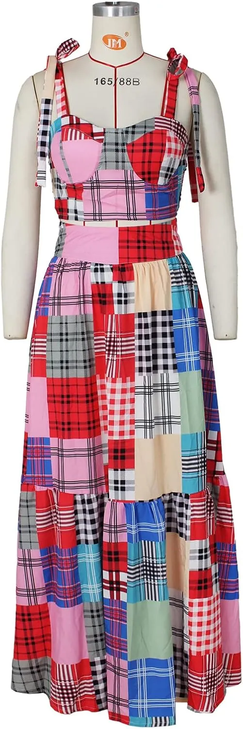 Womens Sexy 2 Pieces Plaid Printed Tied Bandage Tank Tops Bodycon Maxi Skirts Party Clubwear Dress Outfits Set