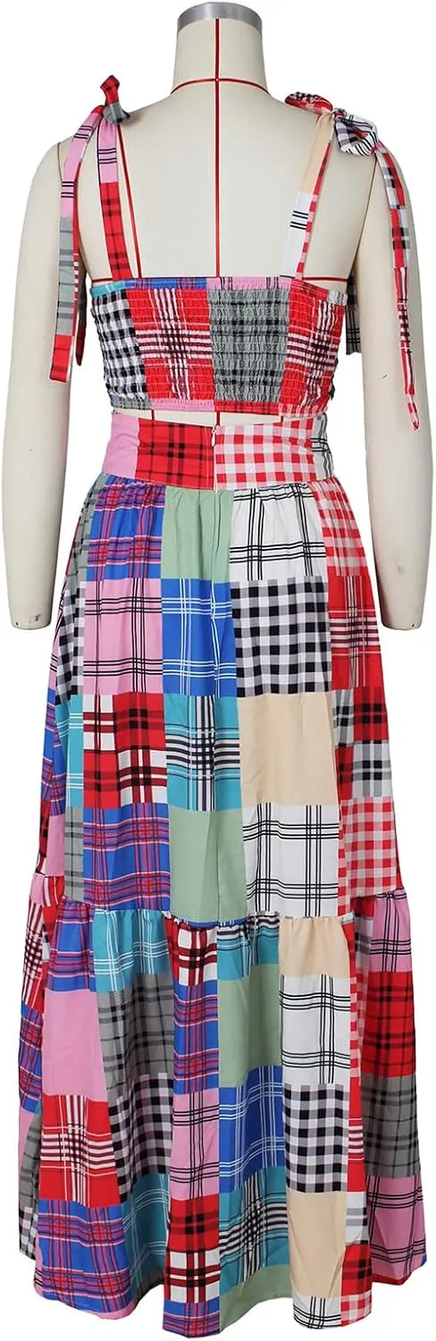 Womens Sexy 2 Pieces Plaid Printed Tied Bandage Tank Tops Bodycon Maxi Skirts Party Clubwear Dress Outfits Set