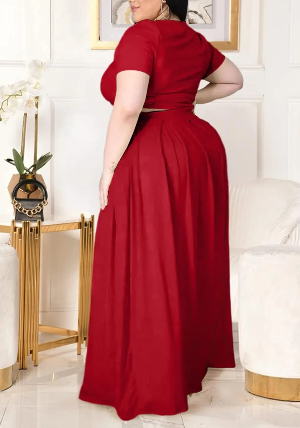 Womens Sexy Plus Size 2 Piece Dress Outfits Short Sleeve Bandage Wrap Empire Crop Tops and Skirt Sets