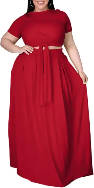 Womens Sexy Plus Size 2 Piece Dress Outfits Short Sleeve Bandage Wrap Empire Crop Tops and Skirt Sets