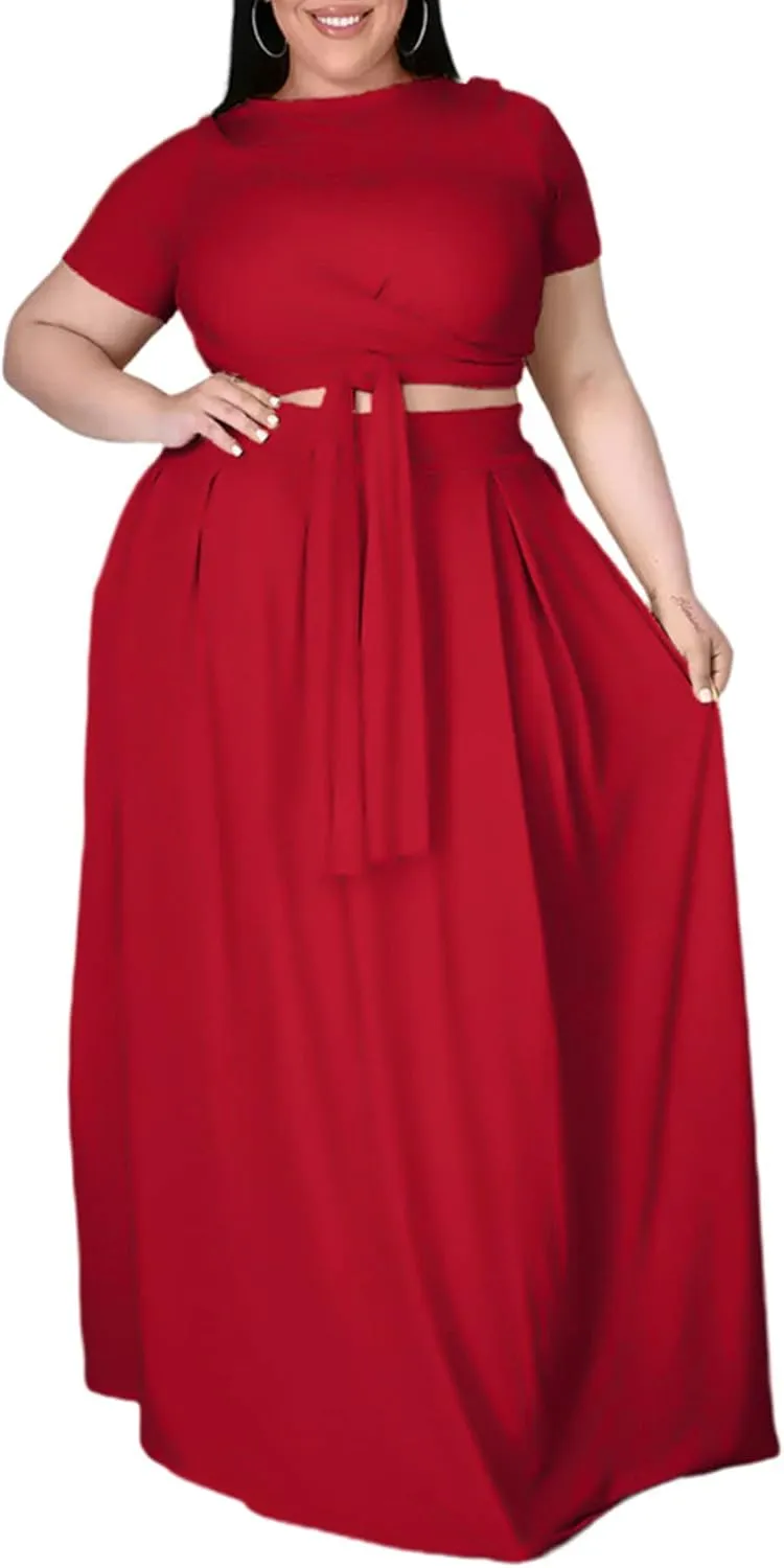 Womens Sexy Plus Size 2 Piece Dress Outfits Short Sleeve Bandage Wrap Empire Crop Tops and Skirt Sets
