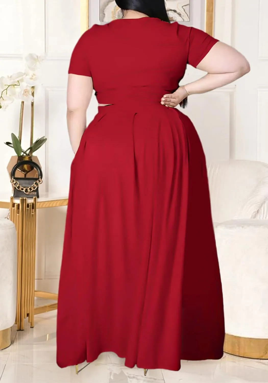 Womens Sexy Plus Size 2 Piece Dress Outfits Short Sleeve Bandage Wrap Empire Crop Tops and Skirt Sets