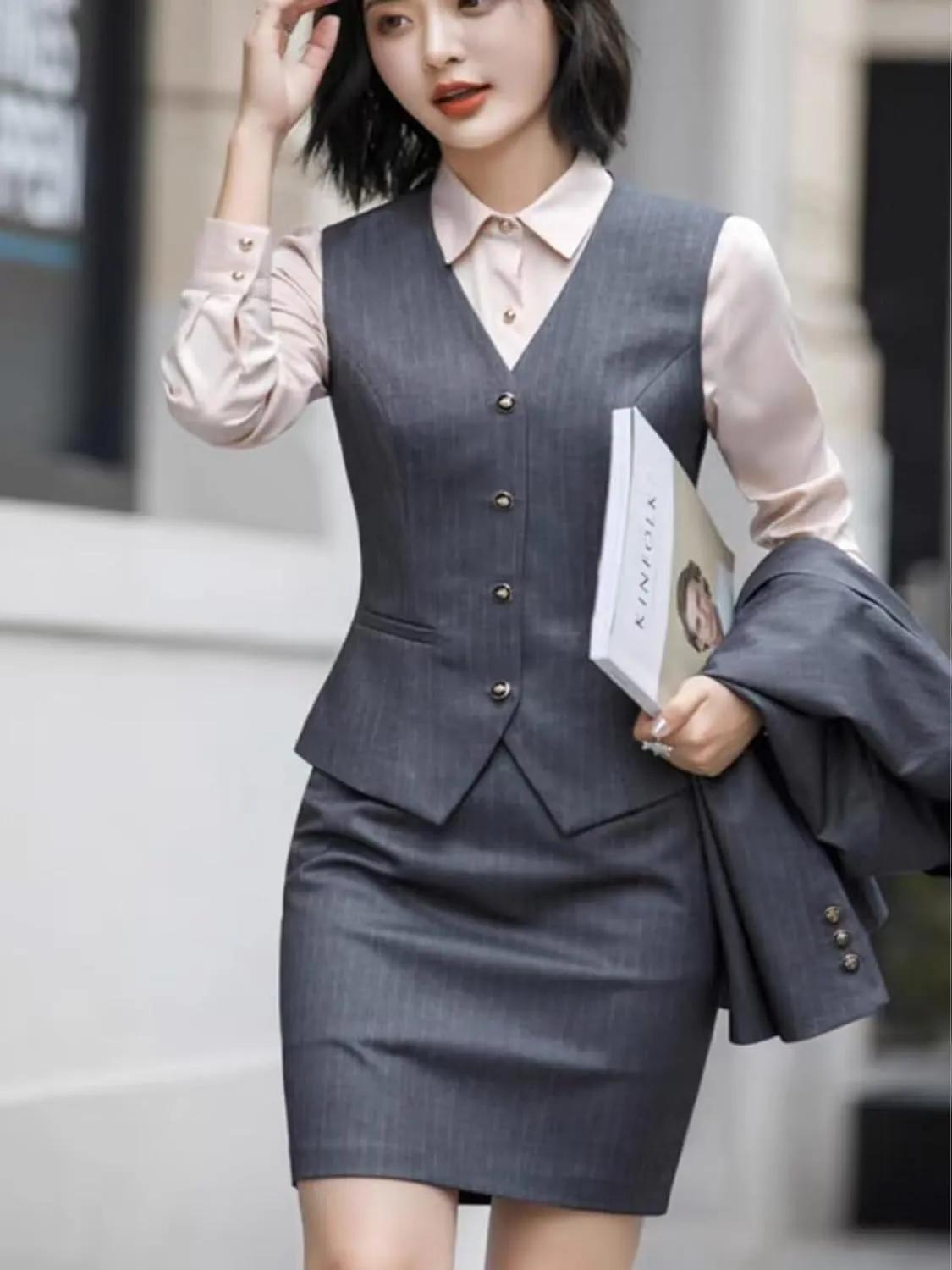 Women's Skirt Suit 3 Piece Striped Suit Lady Petite Business Formal Suit Set Jacket Vest Skirt