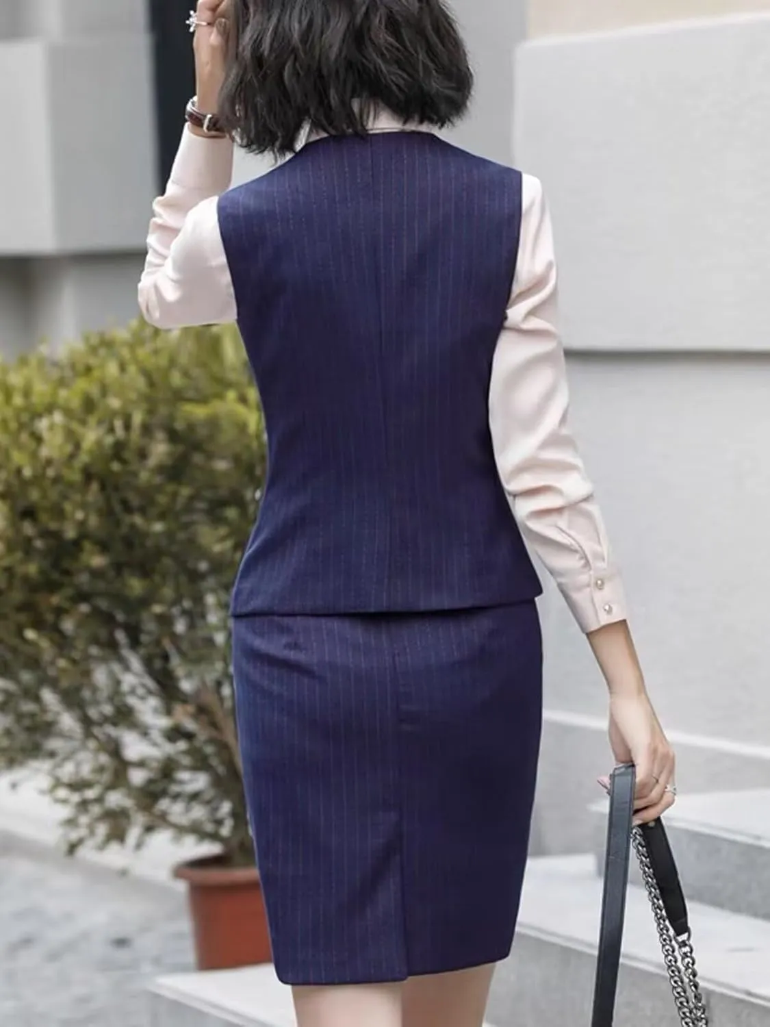 Women's Skirt Suit 3 Piece Striped Suit Lady Petite Business Formal Suit Set Jacket Vest Skirt