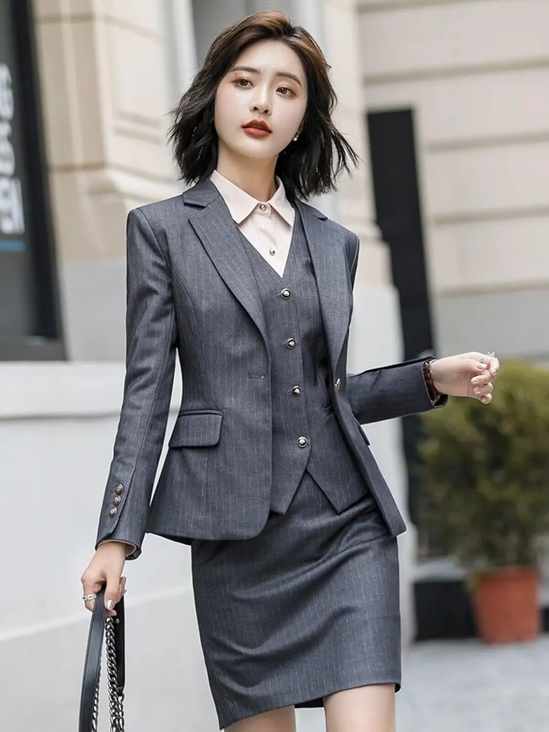 Women's Skirt Suit 3 Piece Striped Suit Lady Petite Business Formal Suit Set Jacket Vest Skirt