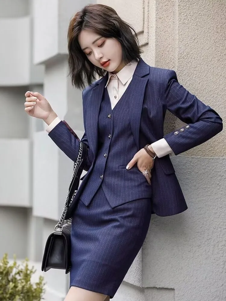 Women's Skirt Suit 3 Piece Striped Suit Lady Petite Business Formal Suit Set Jacket Vest Skirt