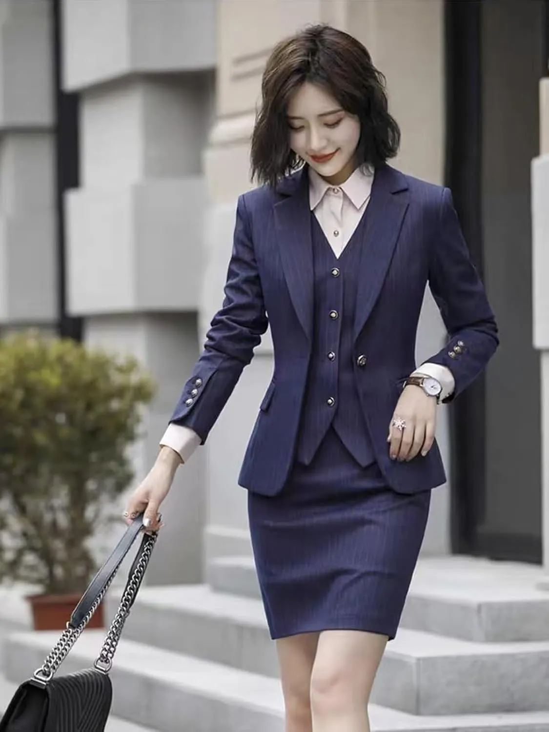 Women's Skirt Suit 3 Piece Striped Suit Lady Petite Business Formal Suit Set Jacket Vest Skirt