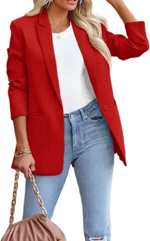 Women's Solid Color Casual Long Sleeve Lapel Button Blazer Jacket for Business Lady