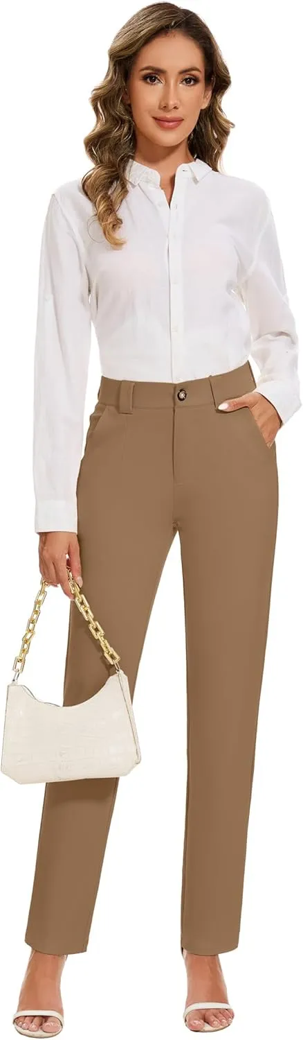 Women's Stretch Business Straight Leg Dress Pants with Pockets Wear to Work Casual Suitpants